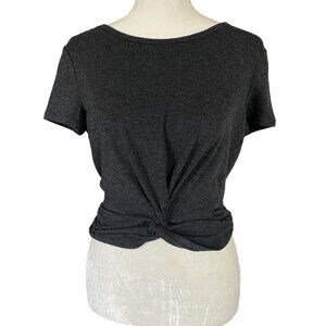 Women's black heather crewneck short sleeve stretchy soft tie front crop top